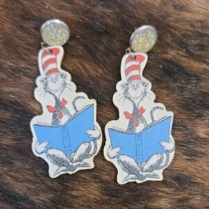 Cat in the Hat Earrings with Blue Book